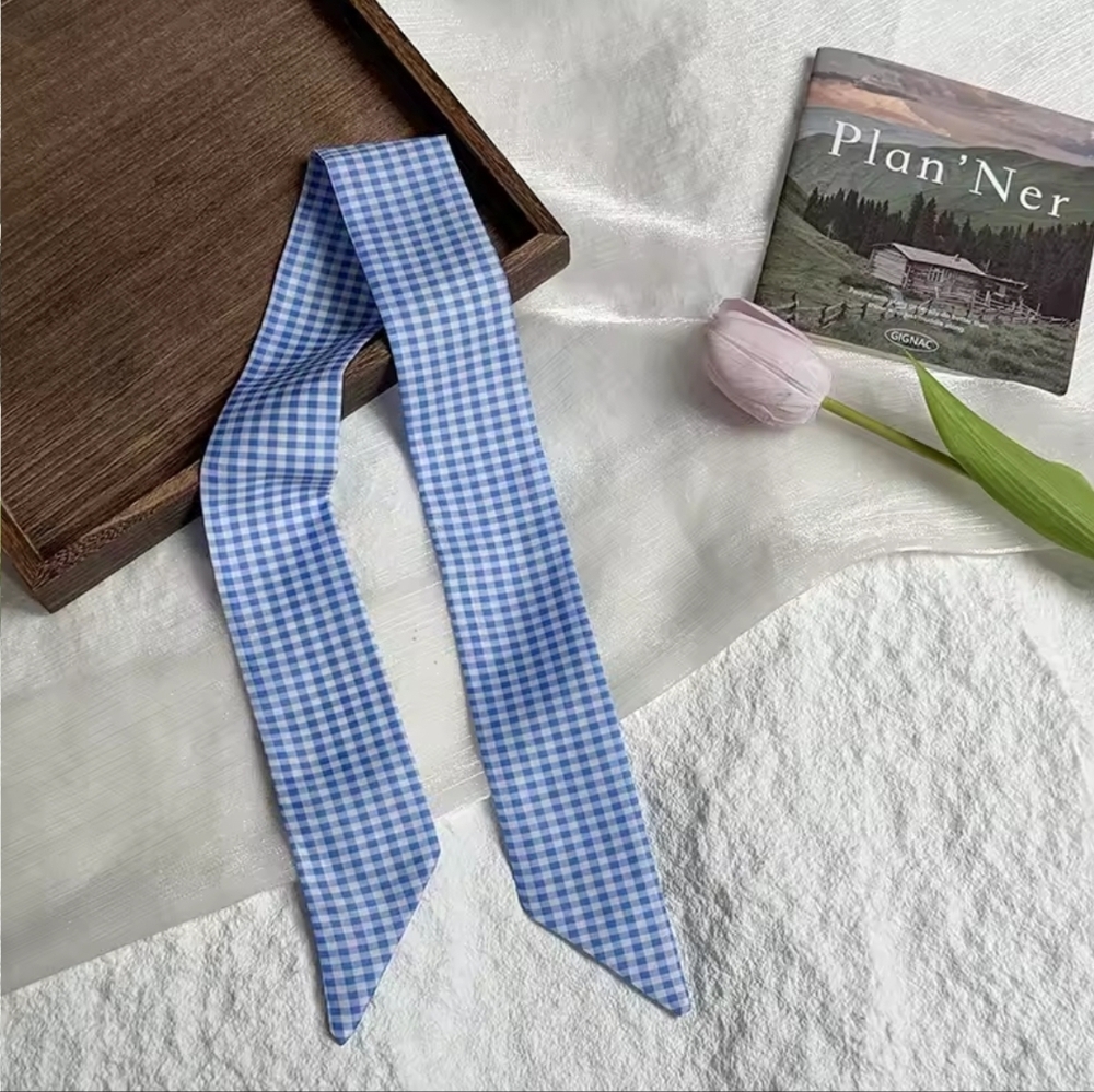 2× Bag Twilly Purse Skinny Scarf Blue Gingham
